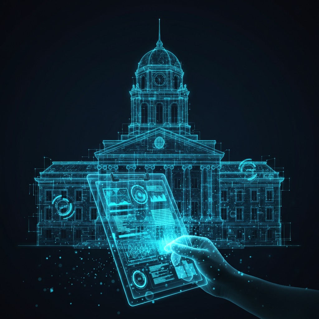 City hall building with holographic AI complaint interface for code enforcement