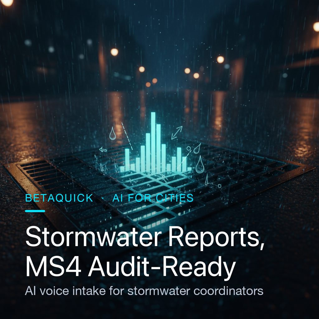 AI for stormwater complaints flooding drain blockages MS4 IDDE compliance intake Cityworks Cartegraph Lucity