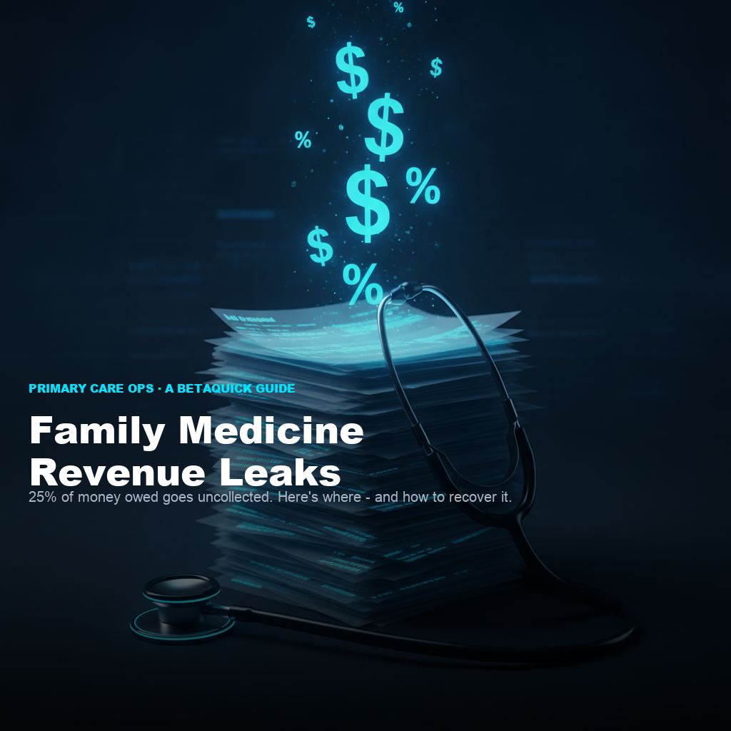 Family medicine revenue leaks visualization - stethoscope over billing claim forms with dollar signs escaping