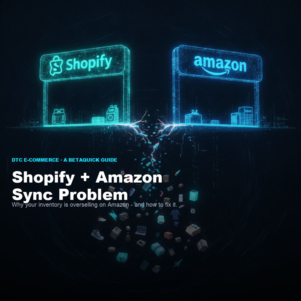 Shopify-Amazon inventory sync failure visualization - two glowing storefronts connected by a fractured data bridge