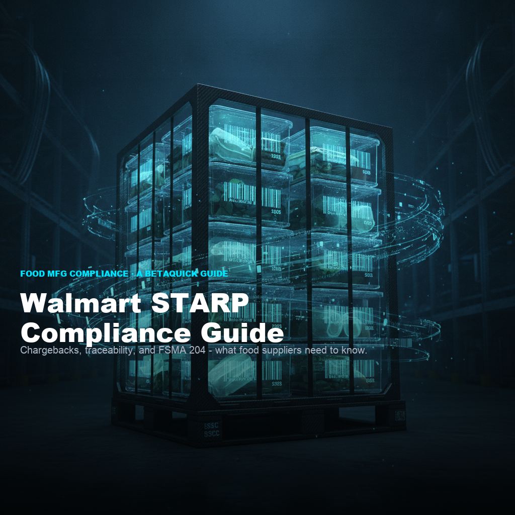 Walmart STARP compliance visualization - warehouse pallet with cyan tracking barcodes and SSCC labels