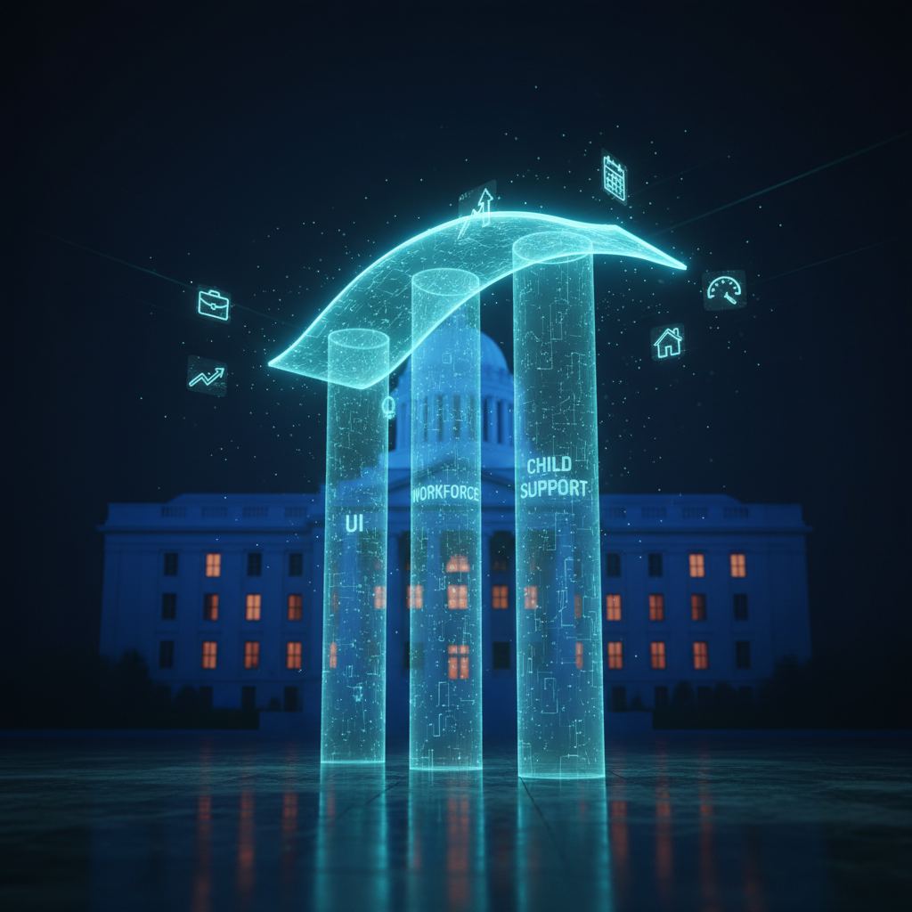 AI for state workforce agencies unifying UI WIOA workforce Title IV-D child support calls Geographic Solutions VOS state CSE